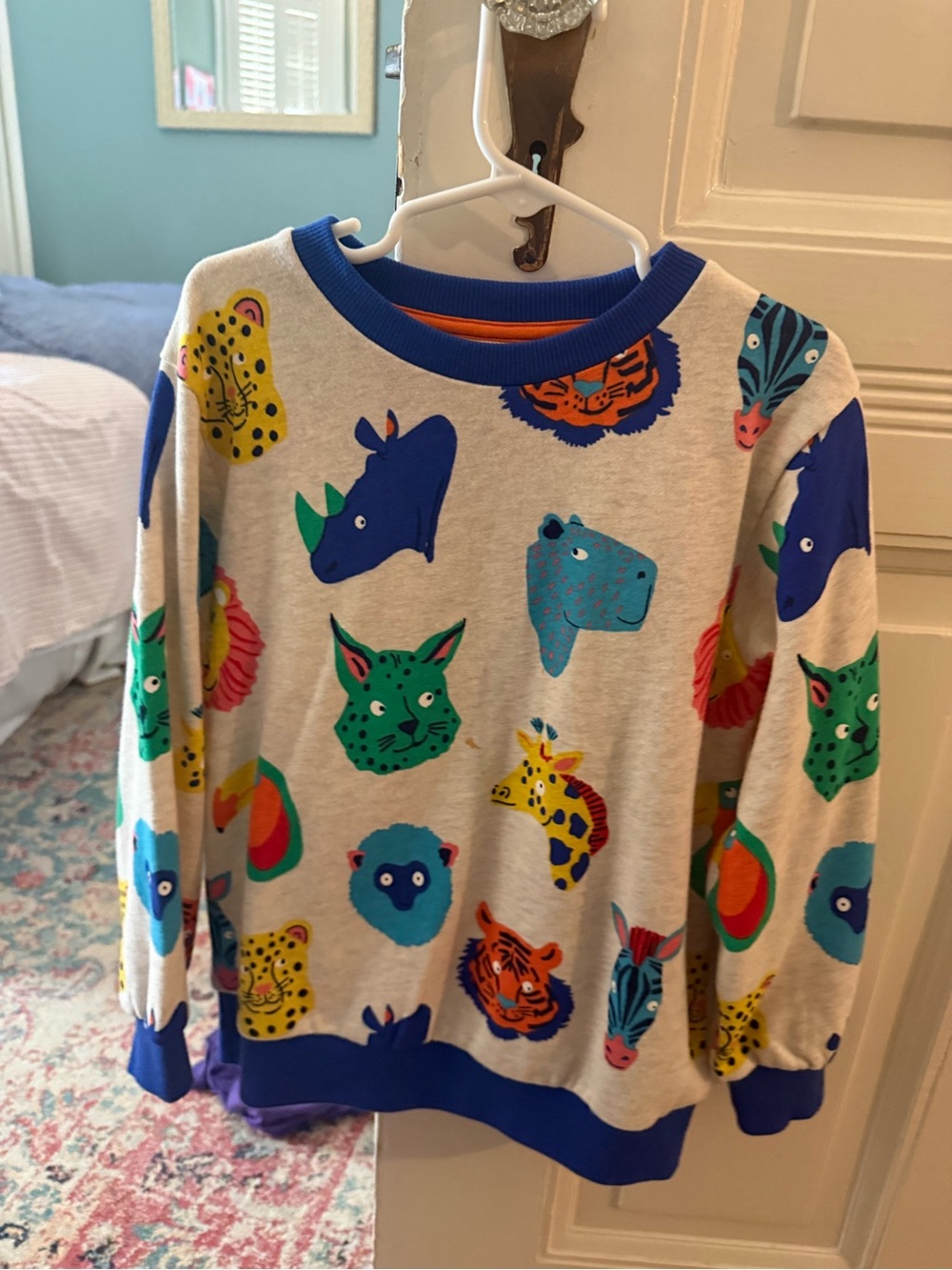 Mini Boden Multicolor Animal Faces Sweatshirt with Blue Trim